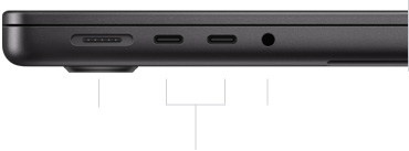 呈闭合状态的 14 英寸 MacBook Pro (M3 Pro 或 M3 Max 芯片机型) 的左侧视图，展示 MagSafe 3 端口、两个雷雳 4 端口以及一个耳机插孔