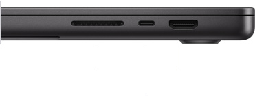 呈闭合状态的 16 英寸 MacBook Pro 的右侧视图，展示 SDXC 卡插槽、一个雷雳 4 端口和 HDMI 端口