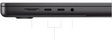 呈闭合状态的 16 英寸 MacBook Pro 的左侧视图，展示 MagSafe 3 端口、两个雷雳 4 端口和一个耳机插孔