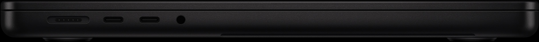 机身左侧：一个 MagSafe 端口、两个雷雳端口和一个耳机插孔。