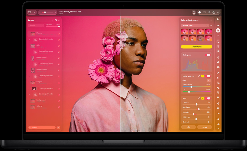 屏幕显示 Pixelmator Pro，以分屏形式展示一张人像照经处理前后效果的对比。画面中的人物头上饰有几个粉色花朵，左侧为鲜艳的粉红色调，右侧则采用中性色调；屏幕左侧为图层面板，右侧为色彩调整面板。