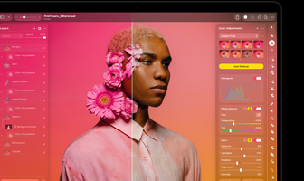 屏幕显示 Pixelmator Pro，以分屏形式展示一张人像照经处理前后效果的对比。画面中的人物头上饰有几个粉色花朵，左侧为鲜艳的粉红色调，右侧则采用中性色调；屏幕左侧为图层面板，右侧为色彩调整面板。