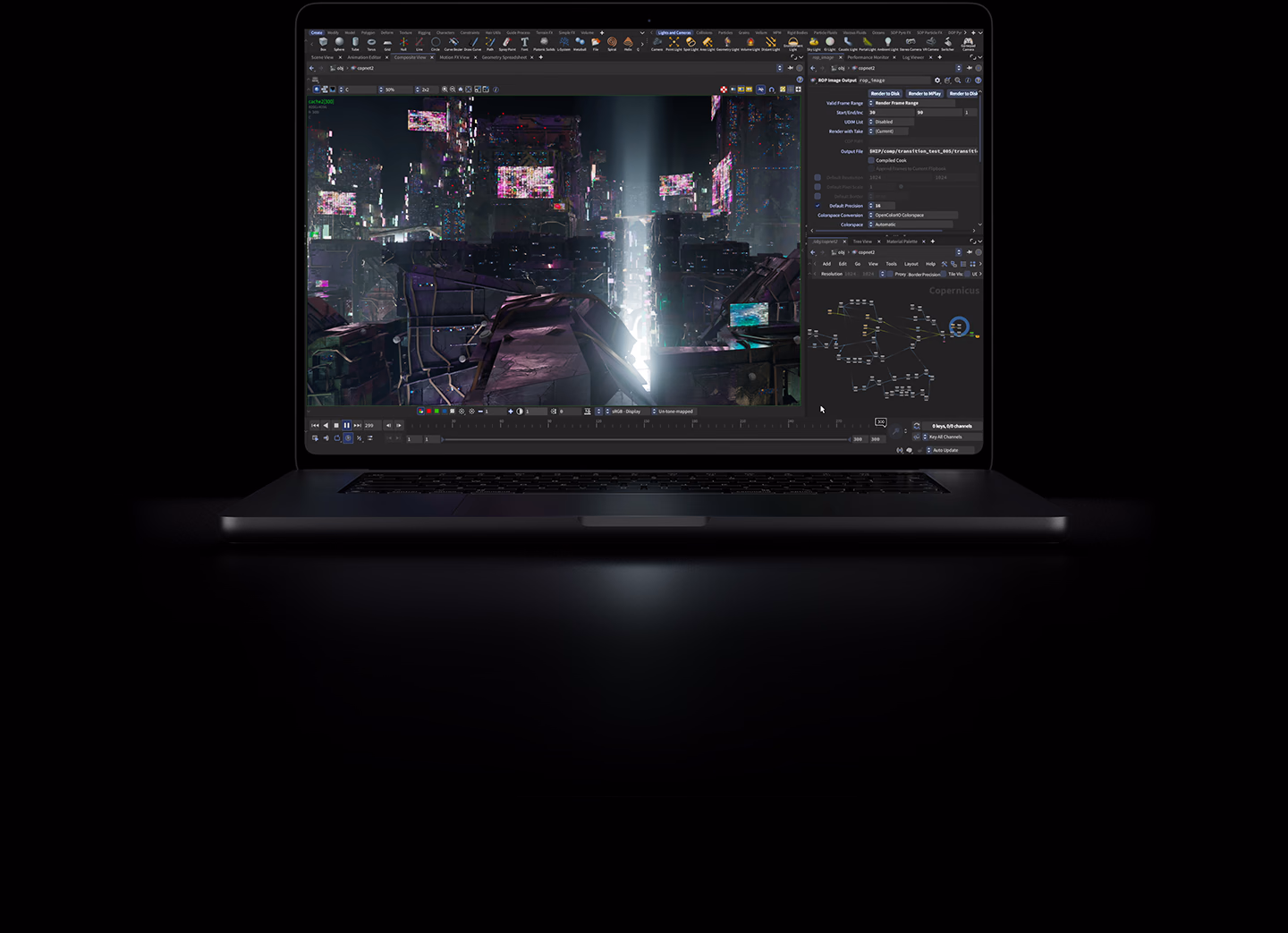 16 英寸配备 PROLED XDR 显示屏的 MacBook Pro，深空黑色外观，屏幕显示使用一款 3D 动画软件渲染一个电脑生成的 3D 城市景观。
