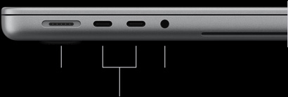 配备 PROLED XDR 显示屏的 MacBook Pro，银色外观，呈闭合状态，左侧视图，展示以下端口：MagSafe 3 端口、两个雷雳 5 端口以及 3.5 毫米耳机插孔。