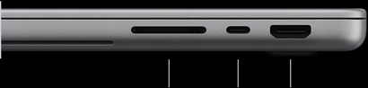 配备 PROLED XDR 显示屏的 MacBook Pro，银色外观，呈闭合状态，右侧视图，展示以下端口：SDXC 卡插槽、雷雳 5 端口和 HDMI 端口。