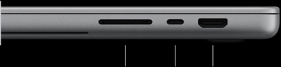 配备 PROLED XDR 显示屏的 MacBook Pro，银色外观，呈闭合状态，右侧视图，展示以下端口：SDXC 卡插槽、雷雳 5 端口和 HDMI 端口。