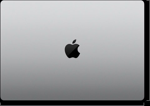 上盖闭合的 16 英寸 MacBook Pro 的外观图，Apple 标志位于机身中央。