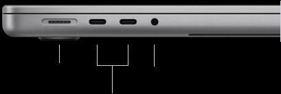 呈闭合状态的 14 英寸 MacBook Pro (M5 芯片机型) 的左侧视图，展示 MagSafe 3 端口、两个雷雳 4 端口以及一个耳机插孔。