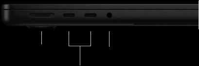 呈闭合状态的 14 英寸 MacBook Pro (M5 Pro 或 M5 Max 芯片机型) 的左侧视图，展示 MagSafe 3 端口、两个雷雳 5 端口以及一个耳机插孔。