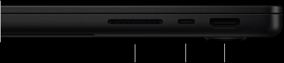 呈闭合状态的 14 英寸 MacBook Pro (M5 Pro 或 M5 Max 芯片机型) 的右侧视图，展示 SDXC 卡插槽、一个雷雳 5 端口以及 HDMI 端口。