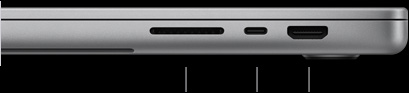 呈闭合状态的 16 英寸 MacBook Pro 的右侧视图，展示 SDXC 卡插槽、一个雷雳 5 端口和 HDMI 端口。