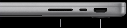 呈闭合状态的银色 MacBook Pro (M6 芯片机型) 的右侧视图，展示 SDXC 卡插槽、雷雳 4 端口和 HDMI 端口。