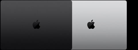 呈闭合状态的深空黑色 MacBook Pro 俯视图，以及呈闭合状态的银色 MacBook Pro 俯视图。