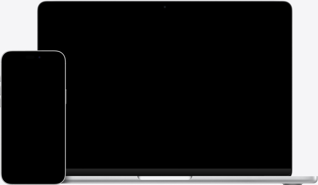 iPhone 16 Plus 的备忘录 app 中高亮显示一段文字，旁边的 13 英寸 Macbook Air 显示打开的 Keynote 讲演幻灯片，幻灯片上可见备忘录 app 中的文字。