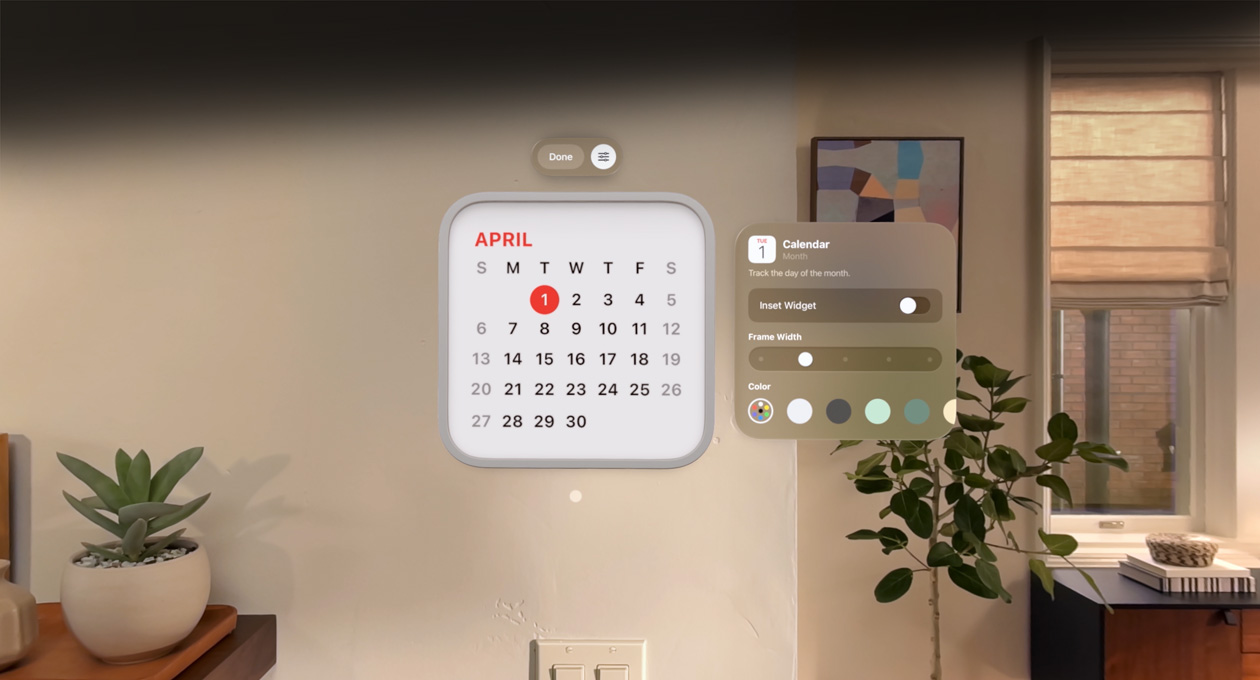 显示日期为 4 月 1 日的日历小组件浮动在墙上，在其上方浮动的是提醒事项小组件，而在其右侧浮动着的则是可更改边框粗细和颜色的个性化选项。