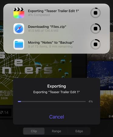 实时活动列表展示正在进行和同时运行的多个项目，包括导出预告片、下载大文件以及将“备忘录”移至“备份”。