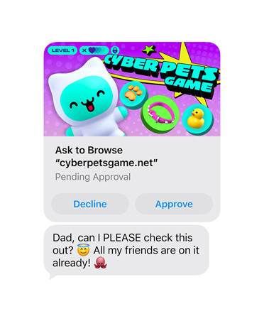 屏幕显示一条信息，其中包含 cyberpetsgame.net 网站截图。图片下方提供“拒绝”和“批准”按钮。信息内容为：“Dad, can I please check this out, all my friends are on it already”。