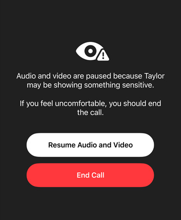 系统自动生成的信息，通知家长孩子可能正在 FaceTime 通话中观看敏感或不安全的内容，并提供“继续音频和视频”或“结束通话”的选项。