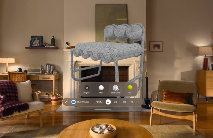 Apple Vision Pro 所呈现的画面，展示快速查看功能的通知窗口，其中提及一把椅子的 USDZ 文件，窗口后方可见椅子的线框图。