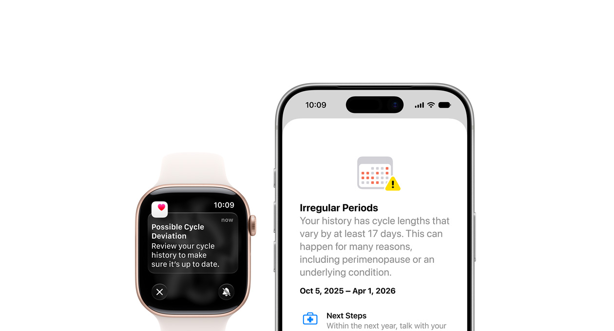 健康 app 的经期跟踪功能，显示关于可能的经期偏差的更新。