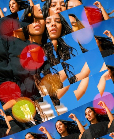 一名女子的照片以网格形式排布,展示同一张照片的不同细节。