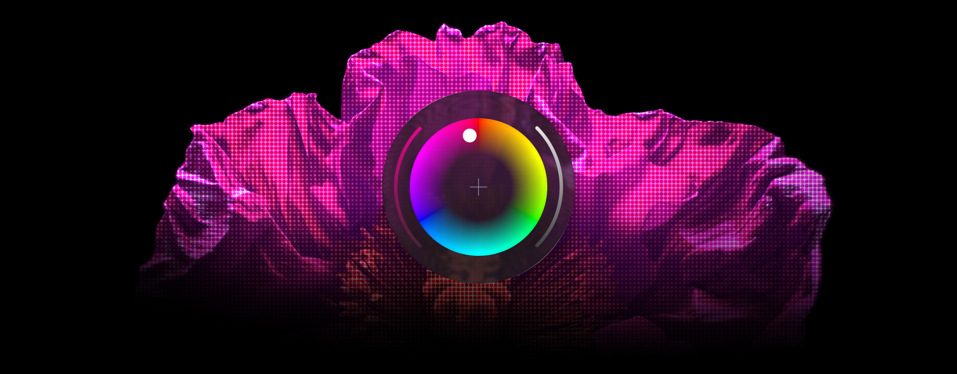 富有纹理的粉色物体，Pixelmator Pro 颜色选择器位于其中央。