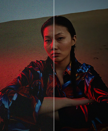 一名女子黄昏时分在沙丘上的照片,照片分割为两部分,展示降噪工具的效果。