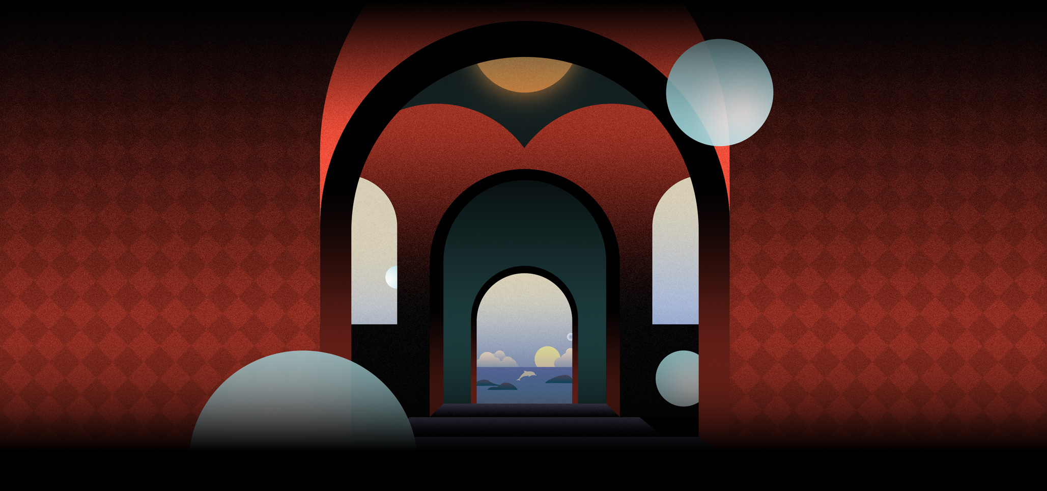 高度风格化的建筑内部插画。