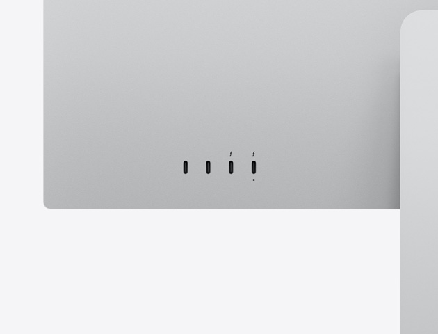 Studio Display XDR 的背面特写，展示两个 USB-C 端口和两个雷雳 5 端口。