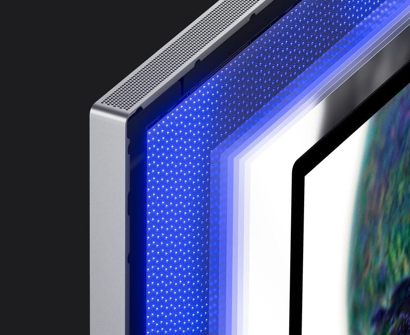 mini-LED 的特写，展示小巧的 LED 背光系统，创建了多个调光区。