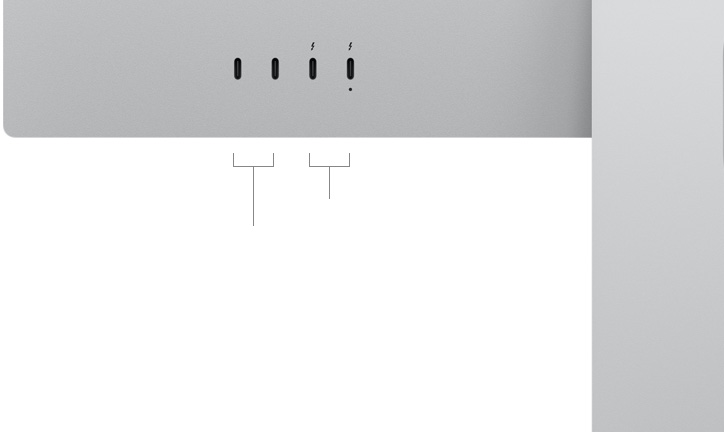 Studio Display XDR 的背面视图，展示两个 USB-C 端口和两个雷雳 5 端口