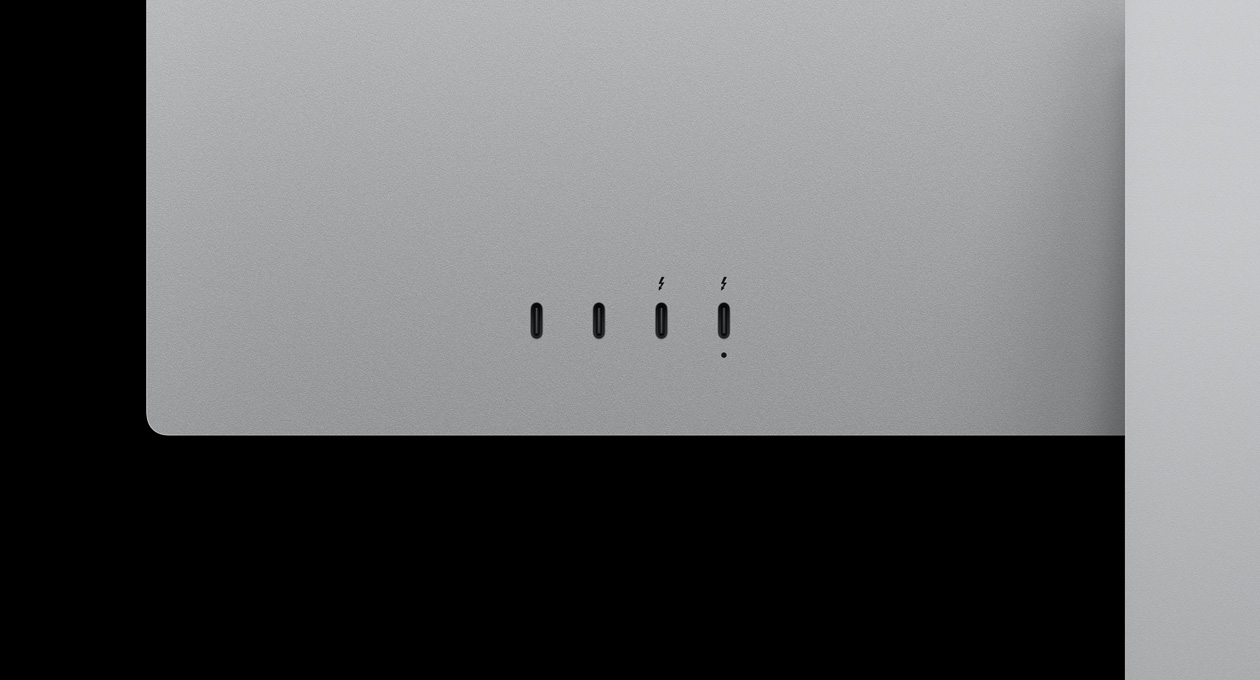 Studio Display XDR 背面特写，凸显两个 USB-C 端口和两个雷雳 5 端口