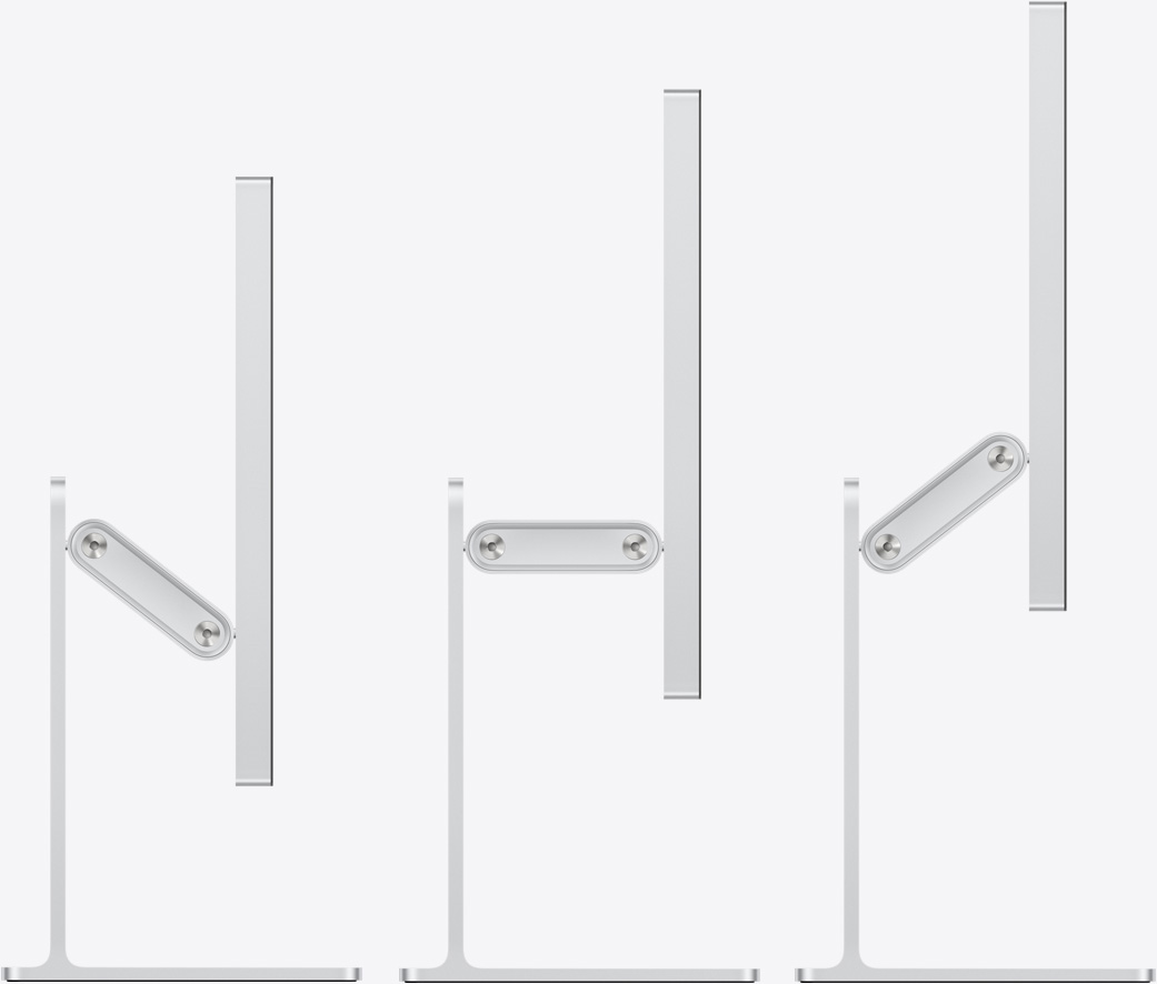 Studio Display XDR 装有可调倾斜度及高度的支架，侧面视图凸显平衡臂的调节范围。