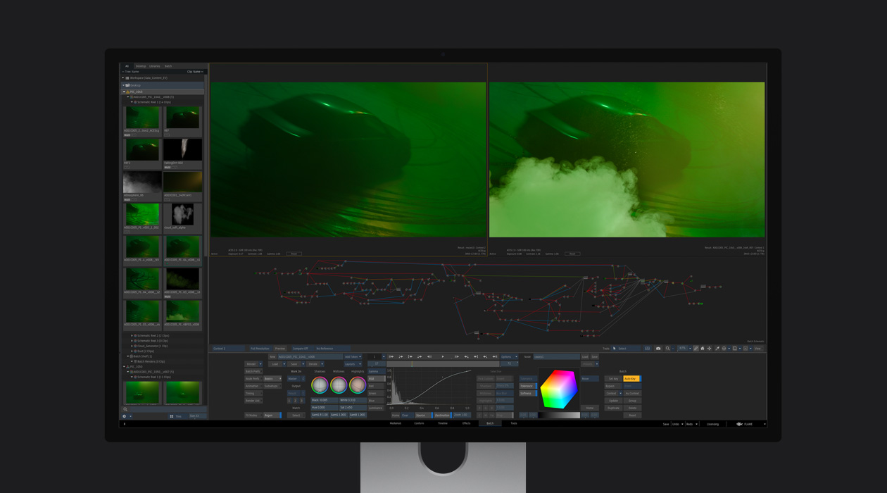 并排展示一辆汽车在视觉特效程序中的图像，右侧的图像中包含添加的尾气效果。