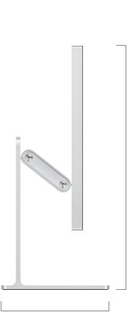 Studio Display XDR (配备可调倾斜度及高度的支架) 的侧面视图，展示显示器调至最低位置时的高度