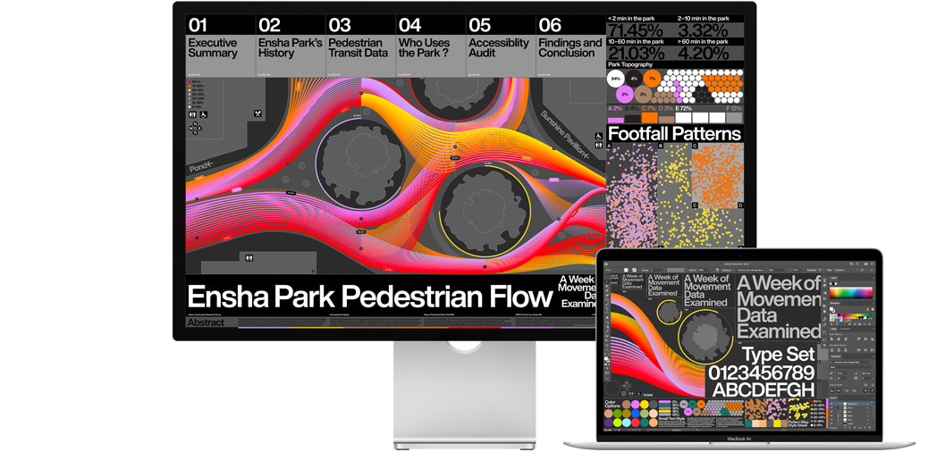13 英寸 MacBook Air 和 Studio Display 并排放置，屏幕上展示 Adobe Illustrator 中的一个项目。