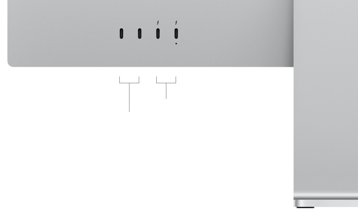 Studio Display 的背面视图，展示两个 USB-C 端口和两个雷雳 5 端口。