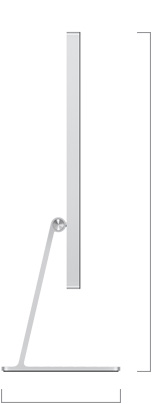 Studio Display 配备可调倾斜度的支架的侧面视图，展示高度和深度尺寸。