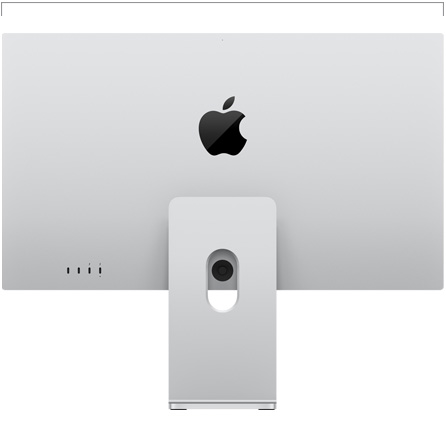 Studio Display 配备可调倾斜度及高度的支架的背面视图，展示宽度尺寸。