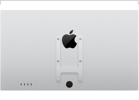 Studio Display 配备 VESA 支架转换器的背面视图，展示宽度尺寸。