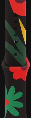 图片展示一条黑色表带，上面有红色、黄色和绿色的花朵图案。