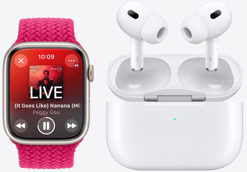 Apple Watch Series 9 和 AirPods Pro 并排放置，显示正在播放歌曲。