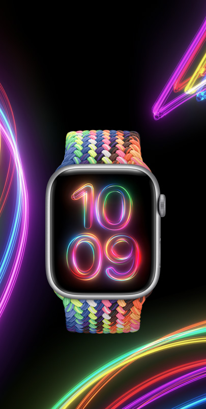 一款 Apple Watch Series 9 搭配呈现多彩霓虹图案的新款彩虹版编织单圈表带以及配套的 Pride Radiance 表盘。
