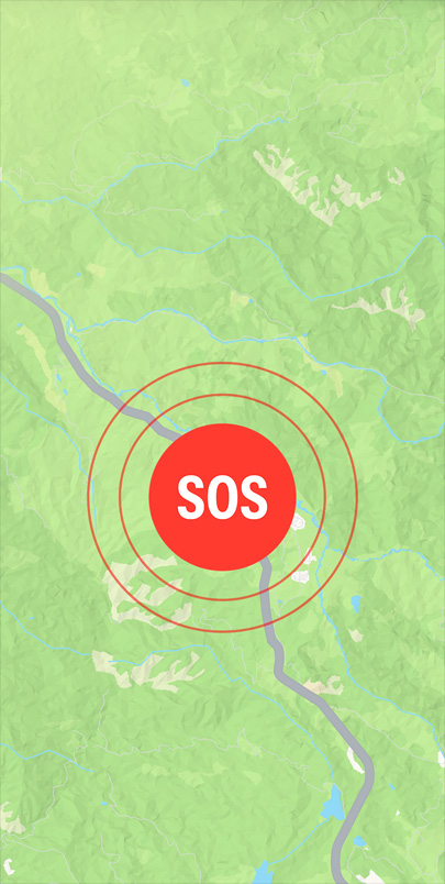 Apple 地图的一条道路上方显示 SOS 紧急联络信号。