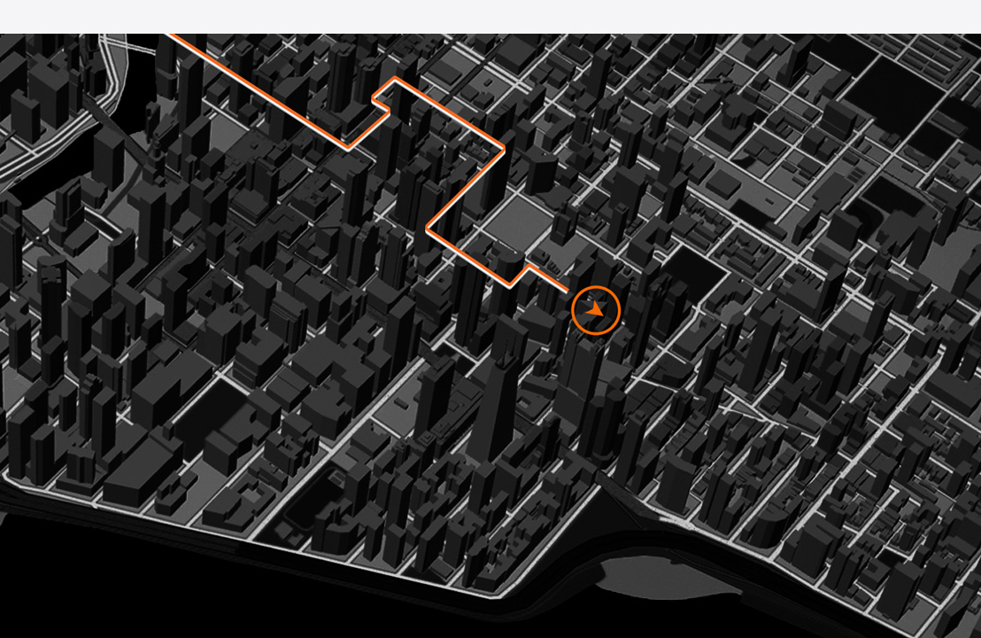 一幅 3D 城市地图，上面有一条箭头引领的线路，代表某人已经跑过的路程。