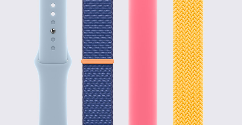 多款不同 Apple Watch 表带竖向并排摆放。