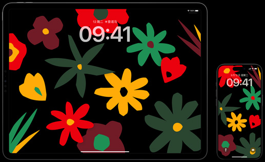 图片展示 iPad 和 iPhone 使用团结之花墙纸，上面有红色、黄色和绿色的花朵图案。