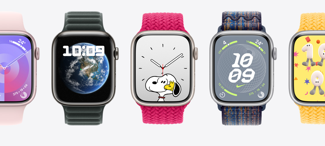 五支搭配不同表盘的 Apple Watch Series 9。分别为调色盘表盘、模块表盘、史努比表盘、Nike 地球表盘及欢乐时光表盘。