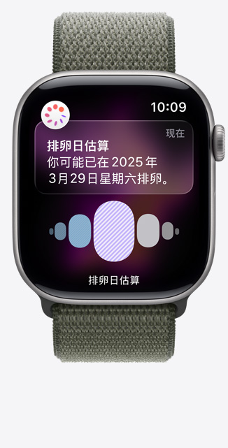 Apple Watch Series 11，展示深空灰色铝金属表壳，健康 app 中经期跟踪功能的估算排卵日通知、数码表冠，搭配苍林色回环式运动表带。