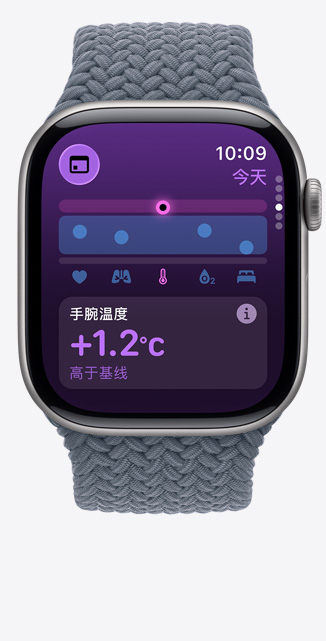 Apple Watch Series 11，展示深空灰色铝金属表壳、生命体征 app、健康评分图表、手腕温度高于基线的通知，数码表冠位于右侧，搭配铁锚蓝色编织单圈表带。